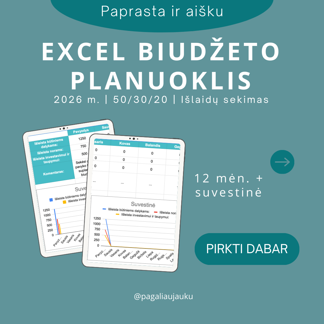 Excel biudžeto planuoklis 2026 su 12 mėnesių suvestine – asmeninių finansų planavimas, išlaidų sekimas ir 50/30/20 biudžeto metodas.
