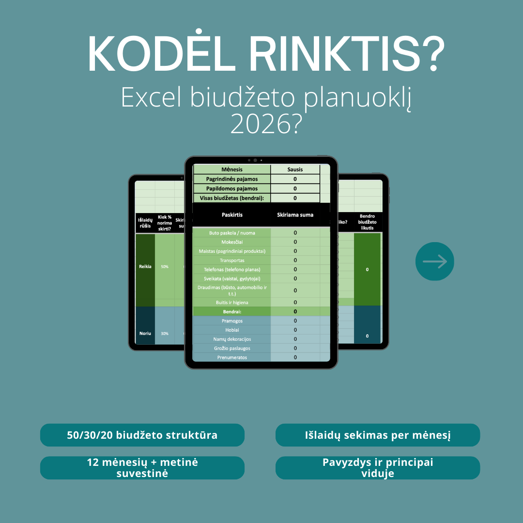 Excel biudžeto planuoklis 2026 – mėnesio išlaidų sekimas, 50/30/20 biudžeto metodas, metinė suvestinė ir asmeninių finansų planavimo skaičiuoklė.