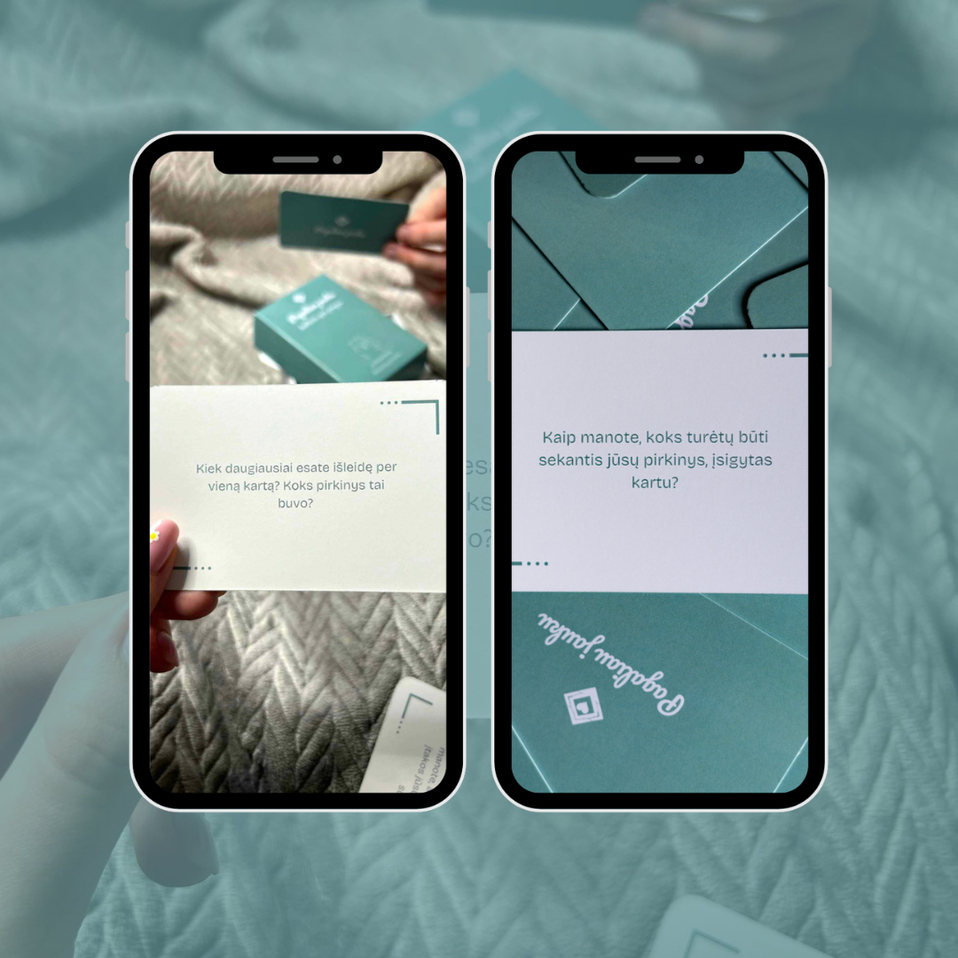 Pokalbių kortelės poroms „Pagaliau jauku“ telefono ekrano vizualizacijoje. Kortelė su klausimu apie bendrus pirkinius ir išlaidas.