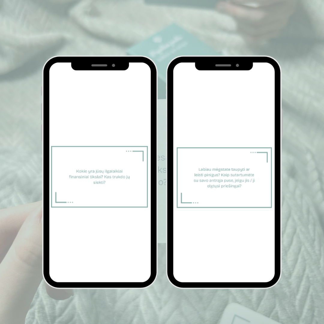 Pokalbių kortelės apie finansus poroms „Pagaliau jauku“. Klausimai apie ilgalaikius finansinius tikslus ir taupymo įpročius santykiuose.